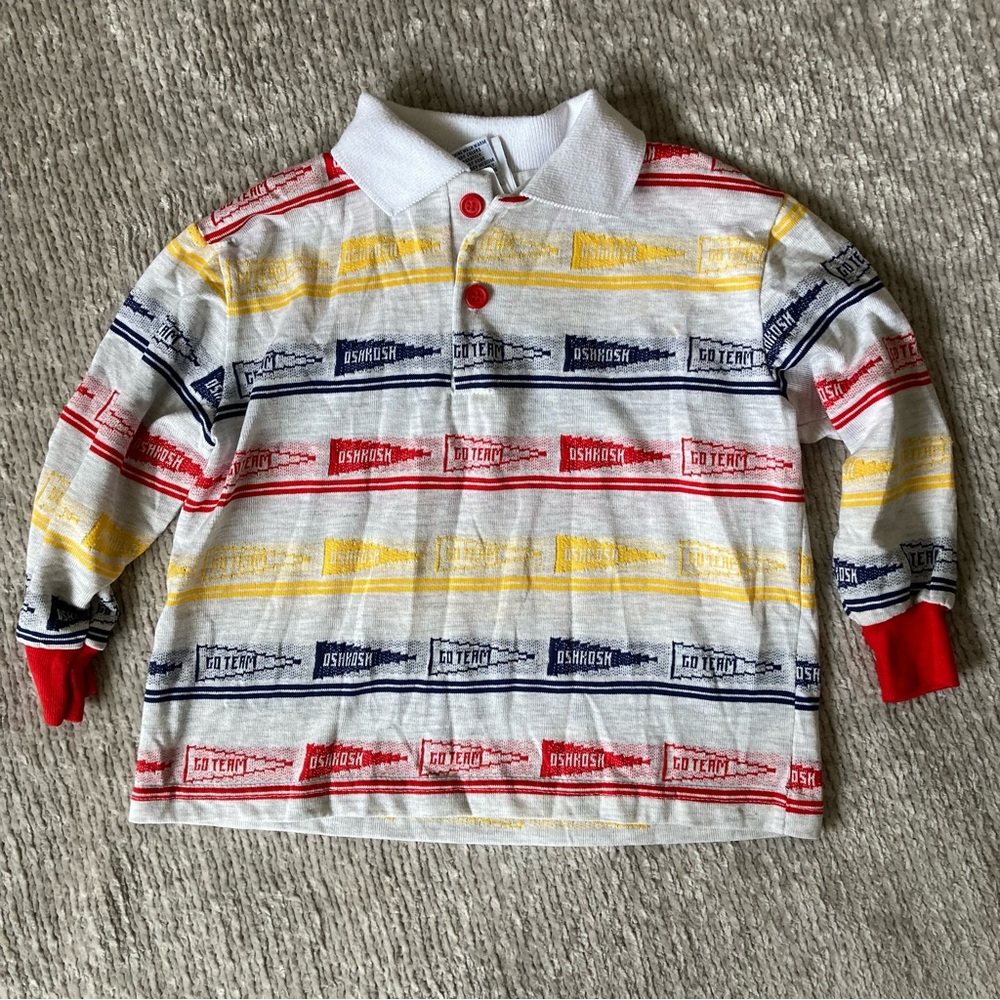 Vintage OshKosh Penant Print Polo Long Sleeve Striped Shirt 3T Retro Classic USA